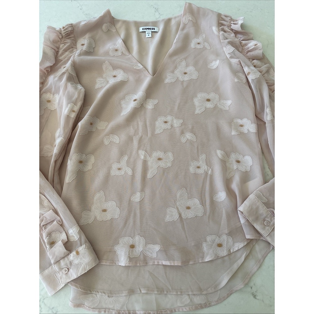 Express Blouse Womens S Long Sleeve Pale Pink Ruffles Appliqué Flowers Romantic‎